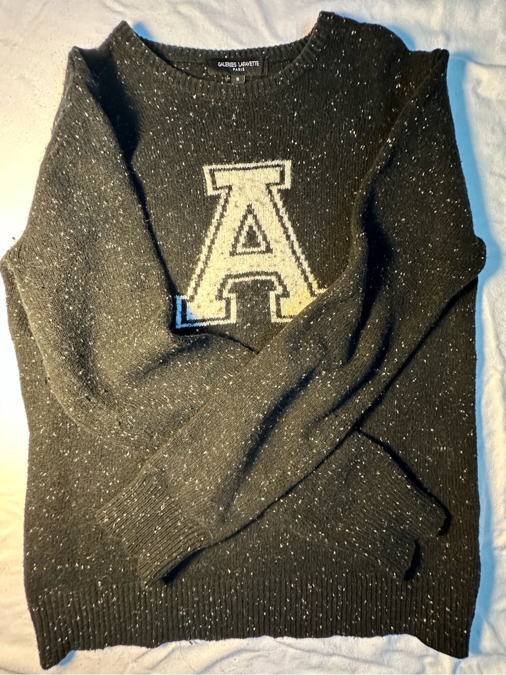Galeries Lafayette Paris Black Speckled Wool Blend Varsity Letter A Crewneck Sm
